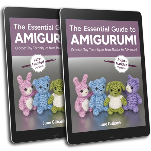 Two tablets showing the covers of The Essential Guide to Amigurumi (right-handed and left-handed digital versions) by June Gilbank